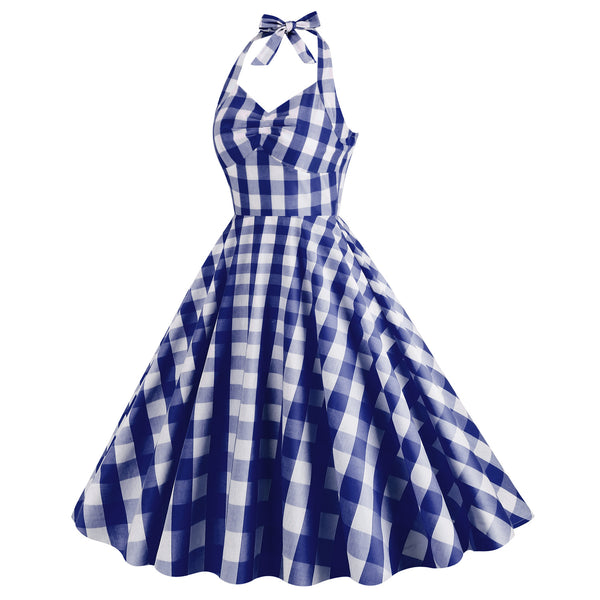 Vintage Pink Halter Plaid A-Line Party Dress