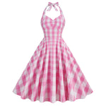 Vintage Pink Halter Plaid A-Line Party Dress
