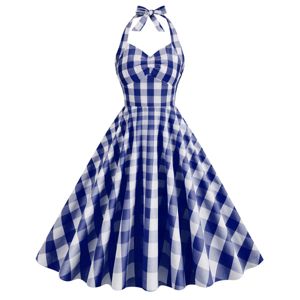 Vintage Pink Halter Plaid A-Line Party Dress