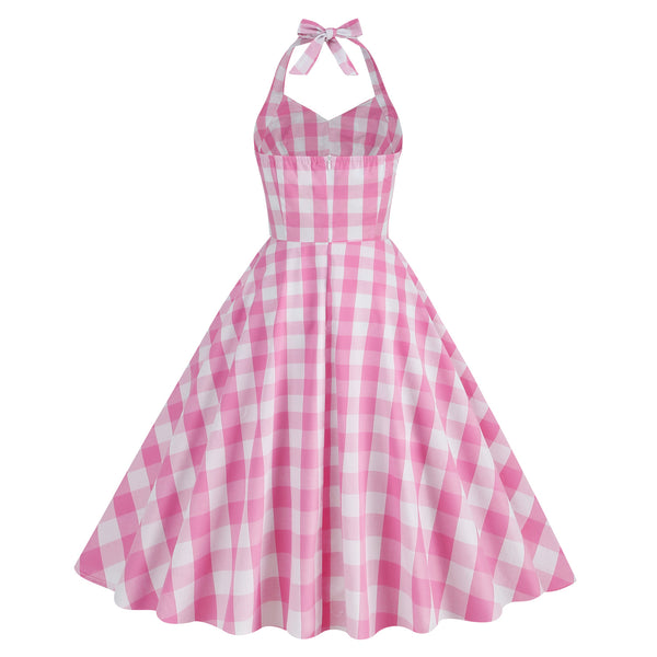 Vintage Pink Halter Plaid A-Line Party Dress