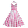 Vintage Pink Halter Plaid A-Line Party Dress