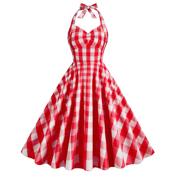 Vintage Pink Halter Plaid A-Line Party Dress