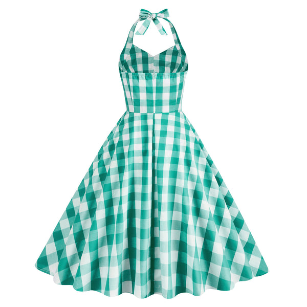 Vintage Pink Halter Plaid A-Line Party Dress