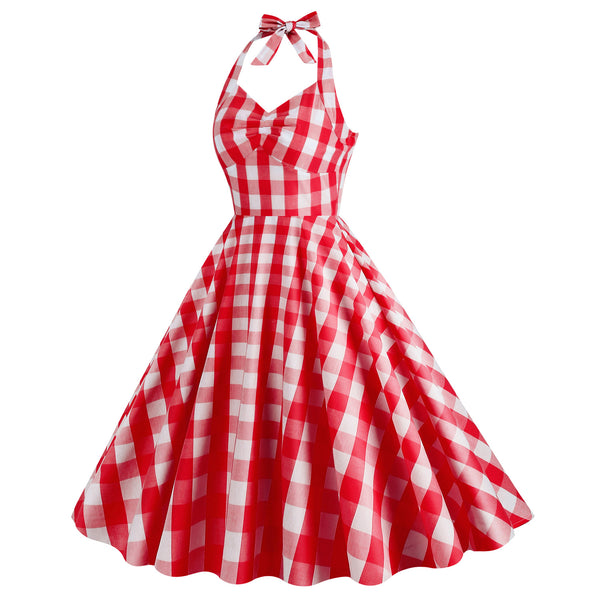 Vintage Pink Halter Plaid A-Line Party Dress