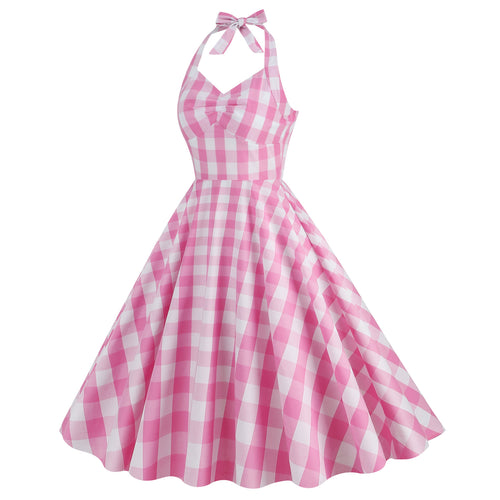 Vintage Pink Halter Plaid A-Line Party Dress