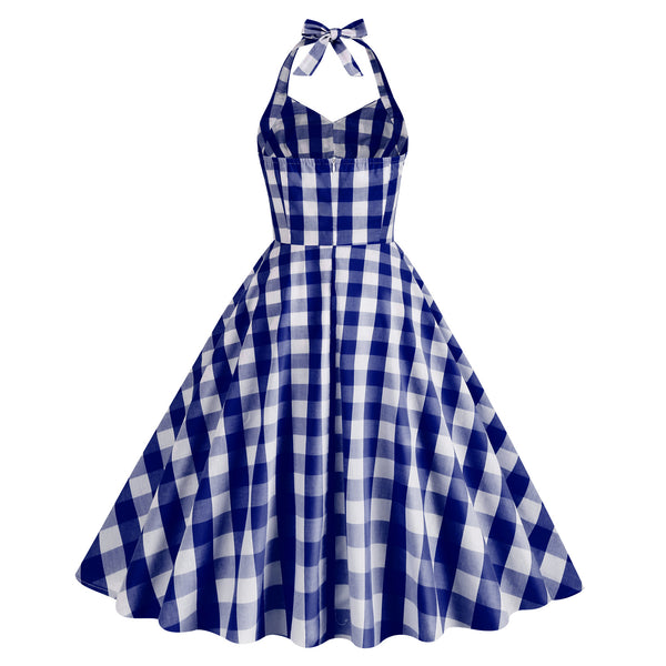 Vintage Pink Halter Plaid A-Line Party Dress