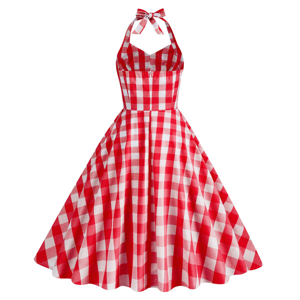 Vintage Pink Halter Plaid A-Line Party Dress