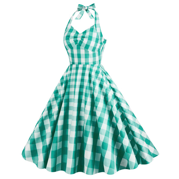Vintage Pink Halter Plaid A-Line Party Dress
