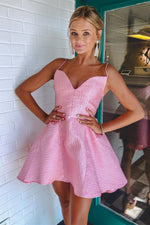 Straps Pink Jacquard A-Line Short Homecoming Dress