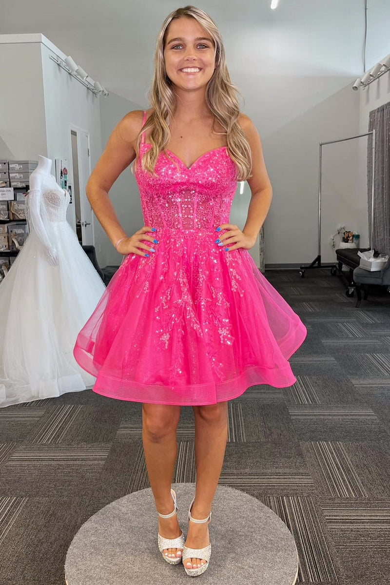 Hot Pink Straps Sequin A Line Short Homecoming Dress FancyVestido