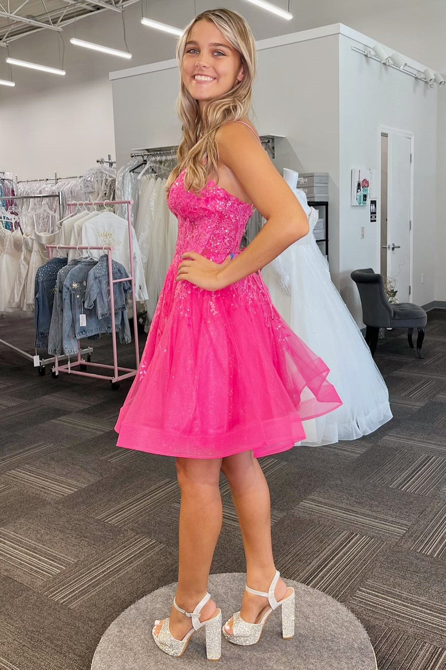 FancyVestido Straps Hot Pink Pleated Short Homecoming Dress with Rhinestones Hot Pink / US 8
