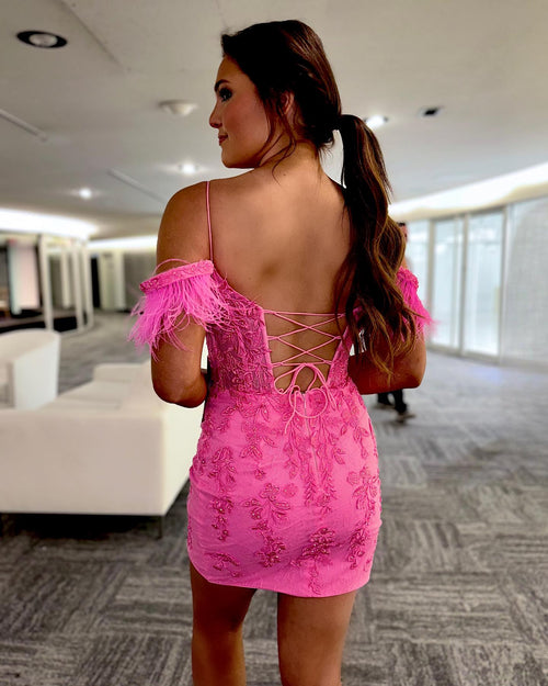 Hot Pink Feathered Cold Sleeves Applique Short Homecoming Dress