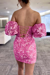 Strapless Hot Pink Sequin Appliques Bodycon Homecoming Dress