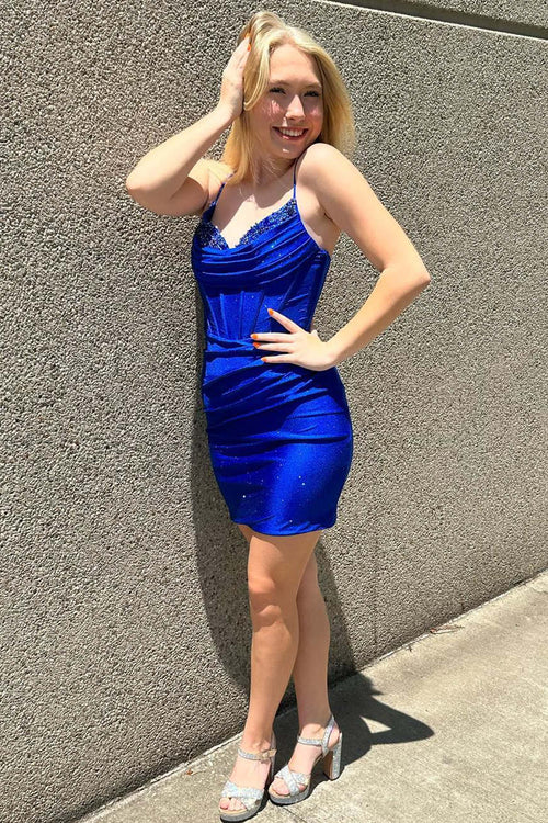 Straps Royal Blue Beaded Pleated Bodycon Homecoming Dress