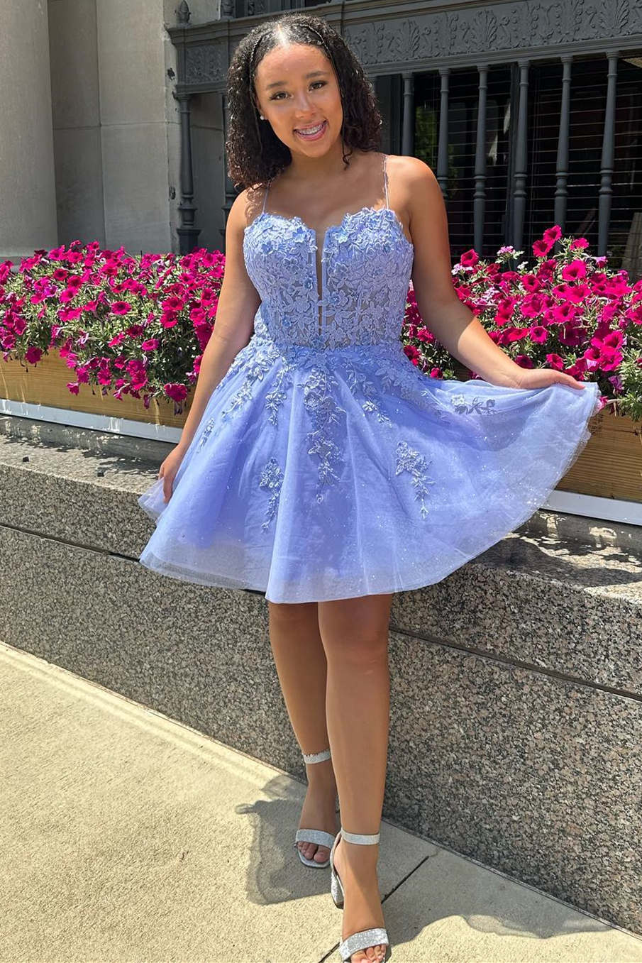 Straps Periwinkle Corset A-Line Homecoming Dress with Appliques FancyVestido Straps Periwinkle Corset A-Line Homecoming Dress with Appliques FancyVestido