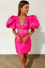 Neon Pink Plunging Neck Balloon Sleeves Bodycon Homecoming Dress