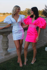 Neon Pink Plunging Neck Balloon Sleeves Bodycon Homecoming Dress