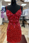 Gorgeous Straps Red Sequin Appliques Tight Homecoming Dress