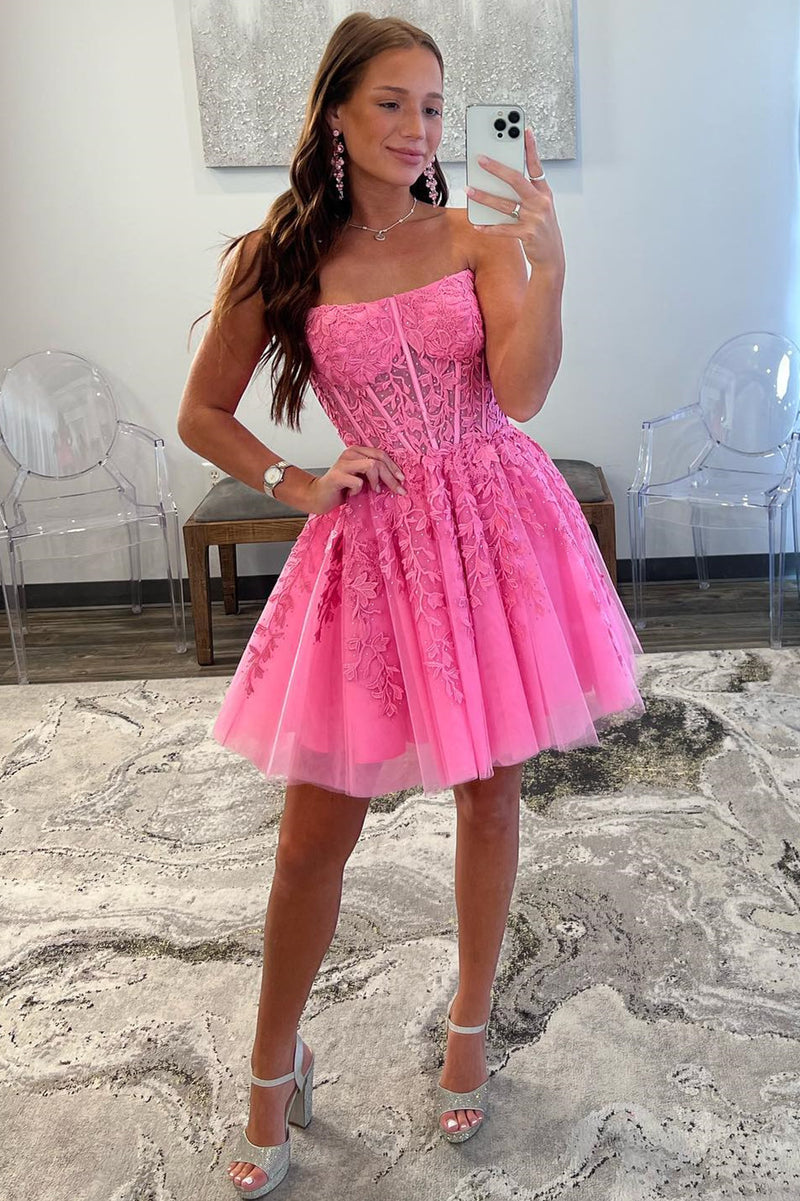 Strapless Hot Pink A-Line Short Party Dress with Appliques