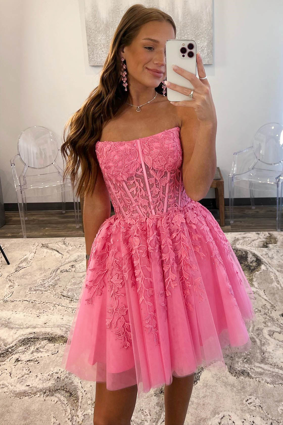 Strapless Hot Pink A-Line Short Party Dress with Appliques FancyVestido Strapless Hot Pink A-Line Short Party Dress with Appliques FancyVestido