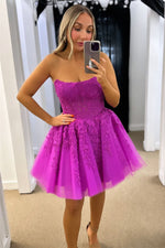 Strapless Hot Pink A-Line Short Party Dress with Appliques