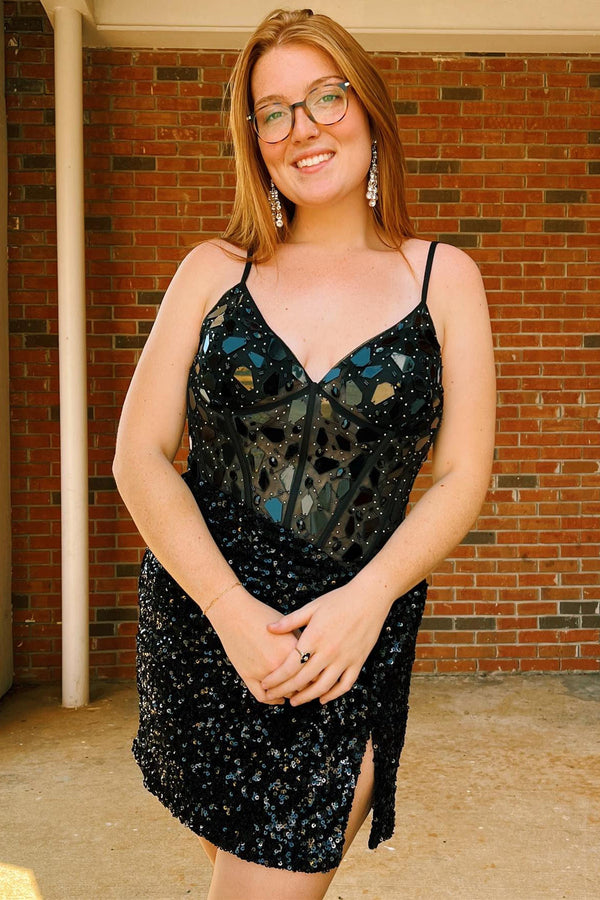 Red Mirror Sequin Slit Short Homecoming Dress with Spaghetti Straps