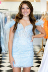 Light Blue Feather Off the Shoulder Short Homecoming Dress