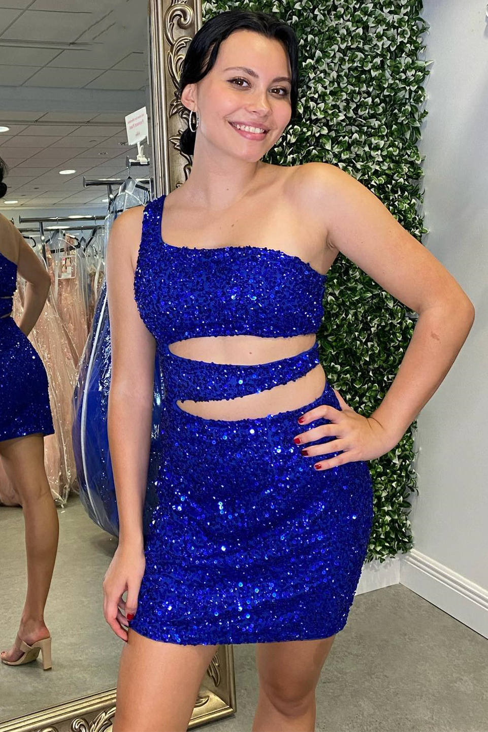 Cutout Royal Blue One Shoulder Sequin Bodycon Homecoming Dress