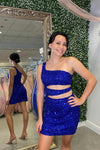 Cutout Royal Blue One Shoulder Sequin Bodycon Homecoming Dress