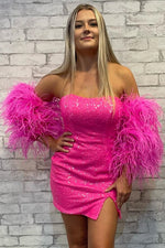 Strapless Hot Pink Feathered Sleeves Tight Homecoming Dress