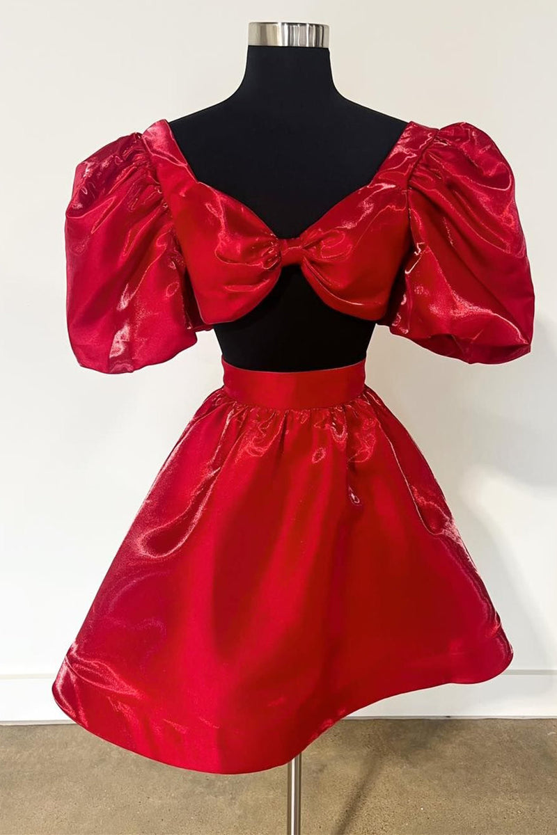 Two Piece Red A-Line Homecoming Dress with Balloon Sleeves