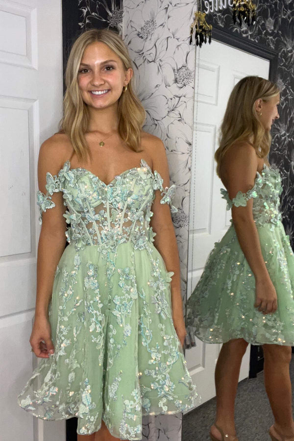 A-Line Off the Shoulder Sage Green Short Homecoming Dress with Appliqu