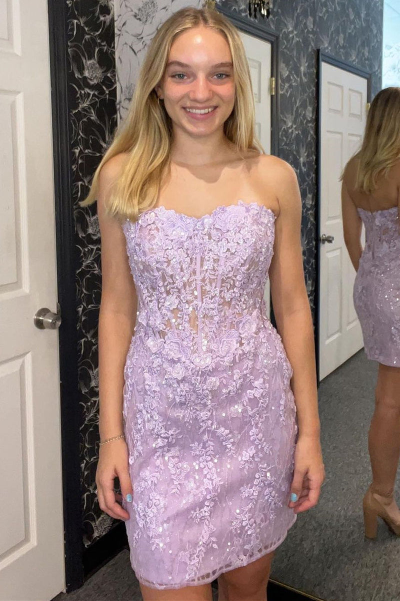 Strapless Lavender Lace Corset Short Homecoming Dress