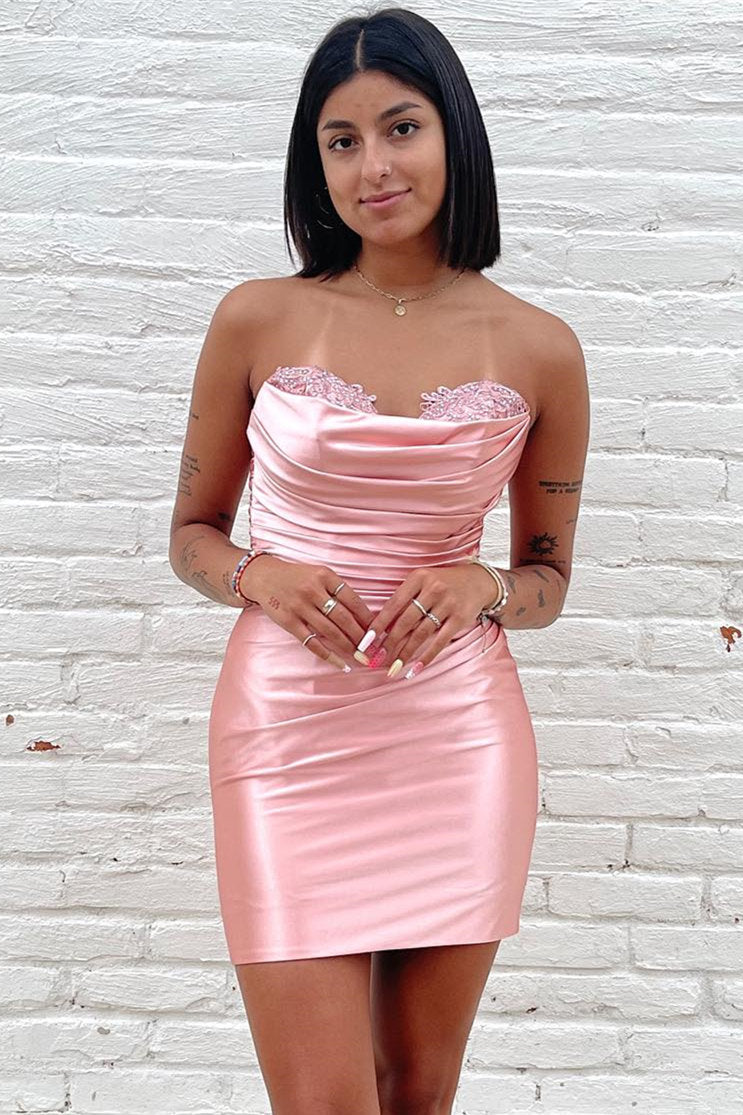 Pink Strapless Ruched Bodycon Homecoming Dress