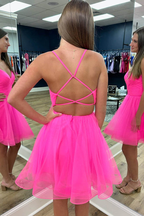 Criss Cross Back Hot Pink Straps A-Line Tulle Homecoming Dress