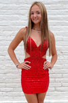 V-Neck Red Beaded Cutout Bodycon Homecoming Dress
