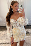 Sweetheart Ivory Lace Corset Puff Sleeves Tight Homecoming Dress