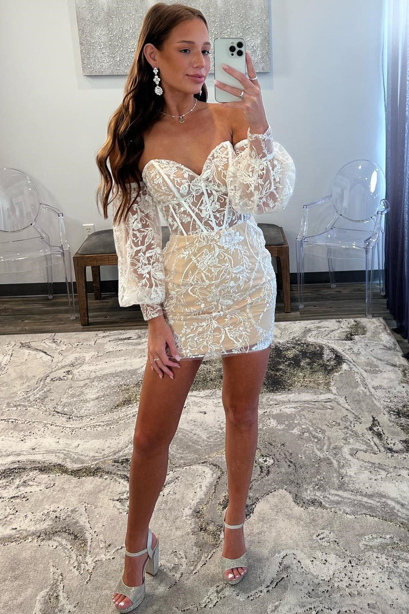 Sweetheart Ivory Lace Corset Puff Sleeves Tight Homecoming Dress