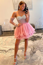 A-Line Pink Beaded Ruffled Short Party Dress with Removable Sleeves