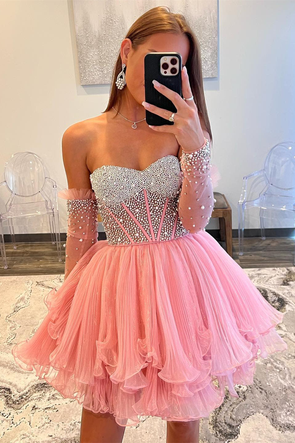 A-Line Pink Beaded Ruffled Short Party Dress with Removable Sleeves FancyVestido A-Line Pink Beaded Ruffled Short Party Dress with Removable Sleeves FancyVestido