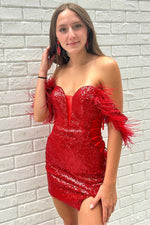 Off the Shoulder Feathered Red Sequin Homecoming Dress