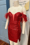 Off the Shoulder Feathered Red Sequin Homecoming Dress