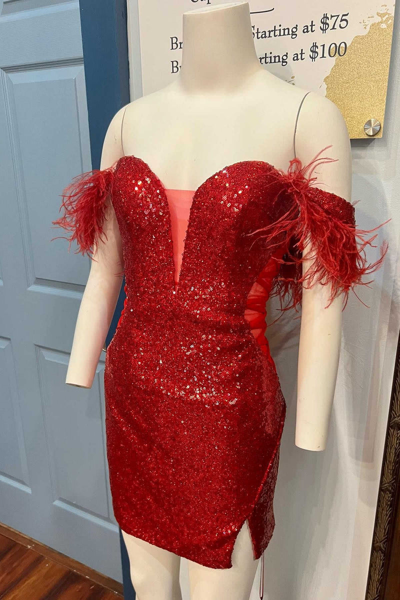 Off the Shoulder Feathered Red Sequin Homecoming Dress