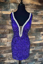 Plunging V-Neck Purple Sequins Short Homecoming Dress with Rhinestones