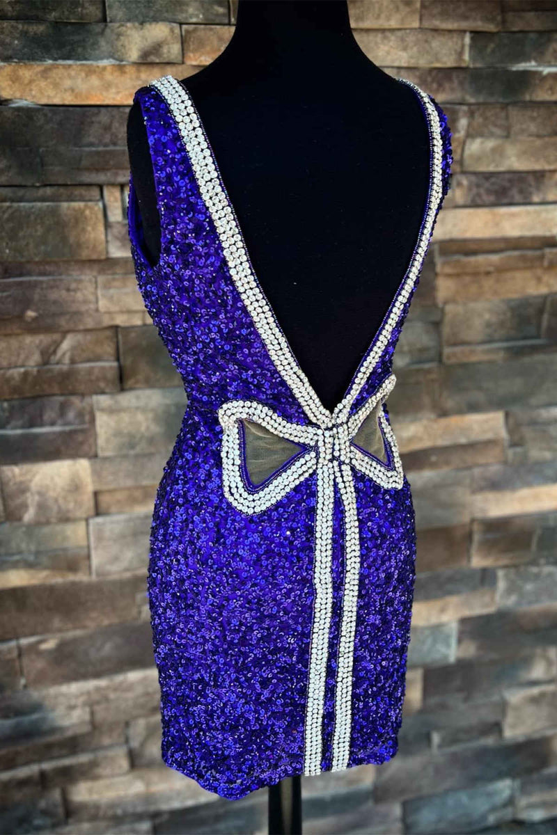 Plunging V-Neck Purple Sequins Short Homecoming Dress with Rhinestones