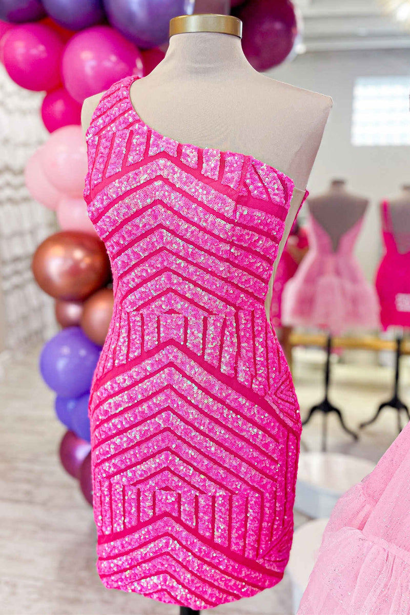 One Shoulder Hot Pink Stripe Sequins Tight Homecoming Dress