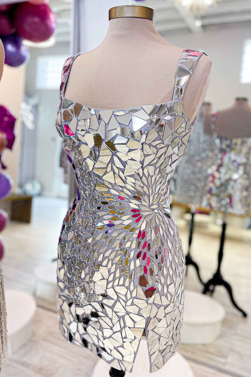 Square Neck Silver Cut Mirror Sequin Bodycon Homecoming Dress