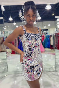 mirror sequin dress Square-Neck Silver Cut-Mirror Bodycon Homecoming holiday parties or any special events Square Neck Silver Cut Mirror