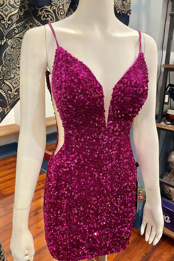 Plunging Neck Straps Fuchsia Sequin Bodycon Homecoming Dress