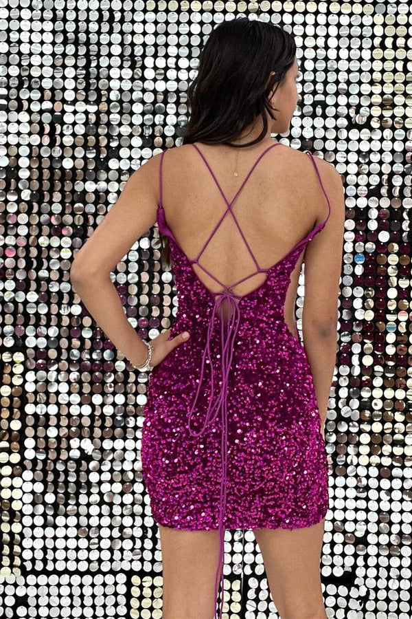 Plunging Neck Straps Fuchsia Sequin Bodycon Homecoming Dress